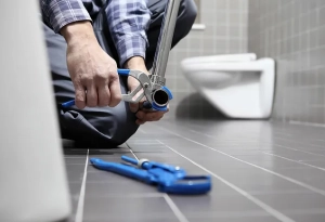 Domestic plumber fixing bathroom leak